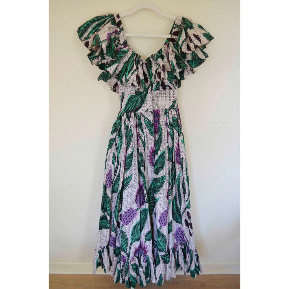 SIKA x Anthropologie Ruffled Off Shoulder Printed Long Maxi Dress Gown 0 - Picture 4 of 8